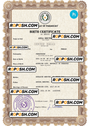 Paraguay vital record birth certificate PSD template