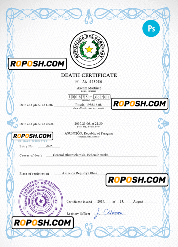 Paraguay vital record death certificate PSD template