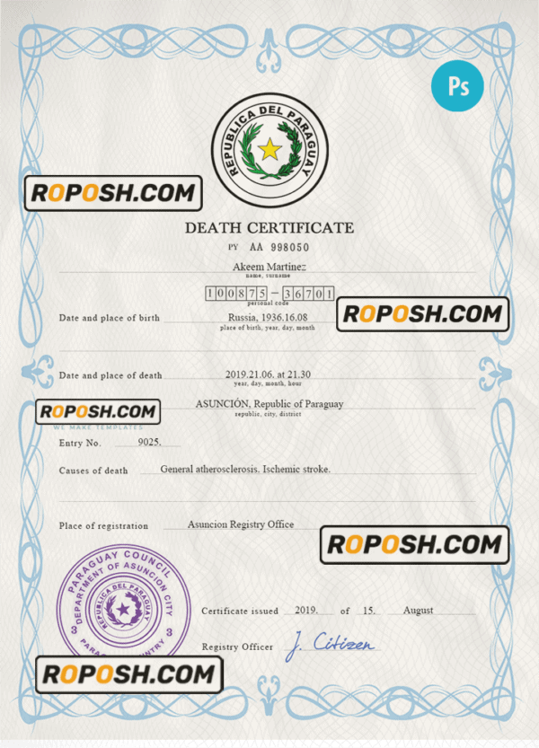 Paraguay vital record death certificate PSD template