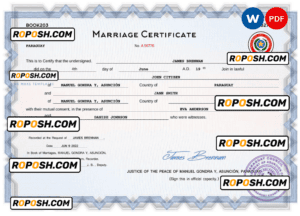 Paraguay marriage certificate Word and PDF template, completely editable