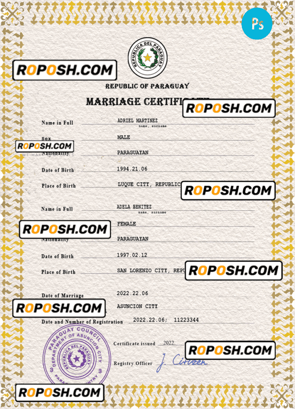Paraguay marriage certificate PSD template, completely editable