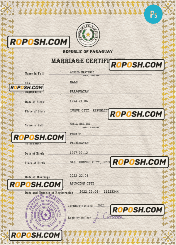 Paraguay marriage certificate PSD template, completely editable