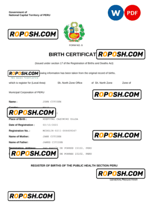Peru birth certificate Word and PDF template, completely editable