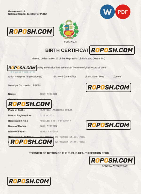 Peru birth certificate Word and PDF template, completely editable