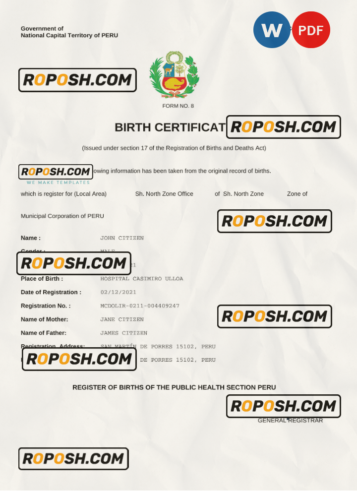 Peru birth certificate Word and PDF template completely editable roposh