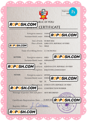 Peru vital record birth certificate PSD template, fully editable
