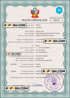 Peru death certificate PSD template, completely editable