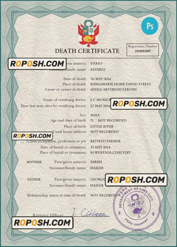 Peru death certificate PSD template, completely editable