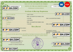 Peru marriage certificate Word and PDF template, fully editable