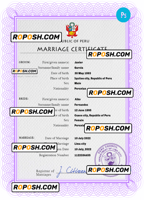 Peru marriage certificate PSD template, fully editable