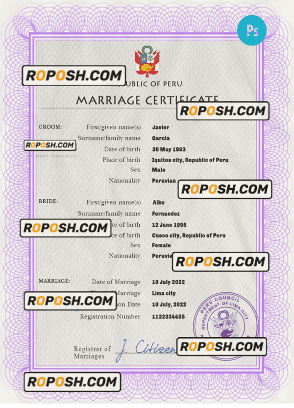 Peru marriage certificate PSD template, fully editable