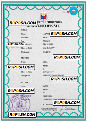 Philippines birth certificate PSD template, completely editable
