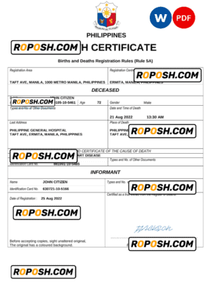 Philippines vital record death certificate Word and PDF template