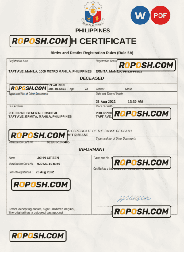 Philippines vital record death certificate Word and PDF template