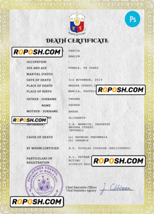 Philippines vital record death certificate PSD template, completely editable