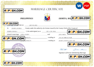 Philippines marriage certificate Word and PDF template, completely editable