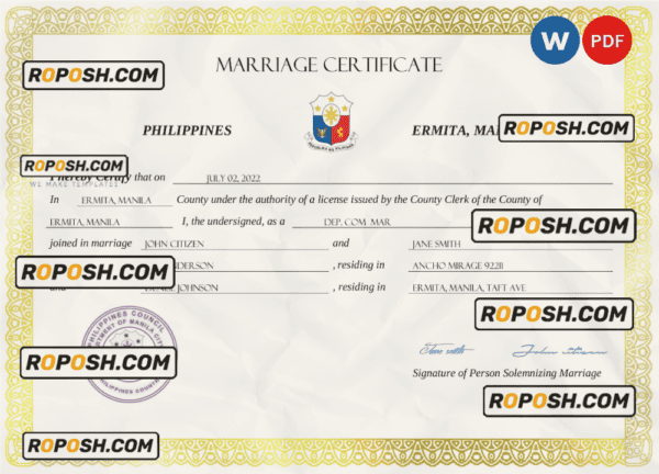 Philippines marriage certificate Word and PDF template, completely editable