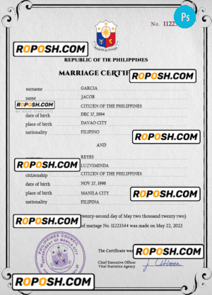 Philippines marriage certificate PSD template, completely editable