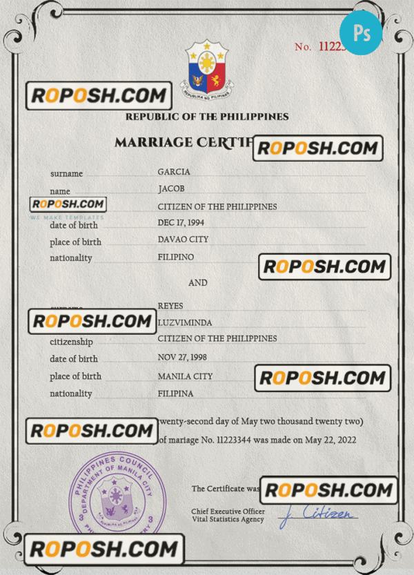 Philippines marriage certificate PSD template, completely editable