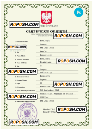 Poland vital record birth certificate PSD template