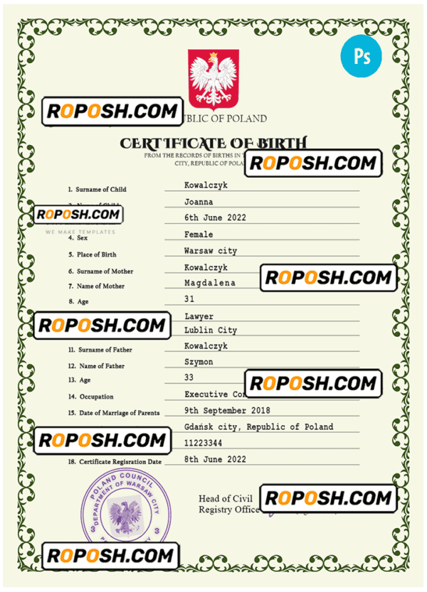 Poland vital record birth certificate PSD template