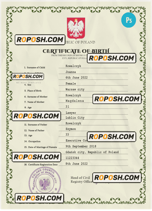 Poland vital record birth certificate PSD template