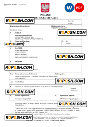 Poland vital record birth certificate Word and PDF template, completely editable