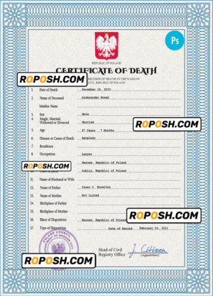 Poland vital record death certificate PSD template, fully editable