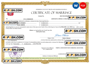 Poland marriage certificate Word and PDF template, fully editable