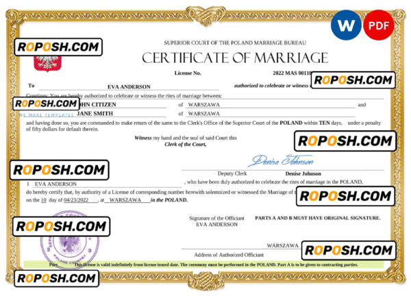 Poland marriage certificate Word and PDF template, fully editable
