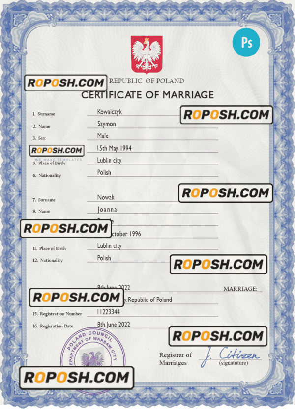 Poland marriage certificate PSD template, completely editable