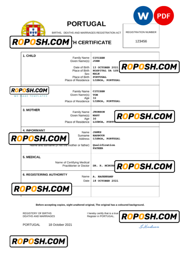 Portugal birth certificate Word and PDF template, completely editable