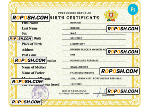Portugal vital record birth certificate PSD template, fully editable