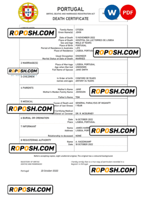 Portugal death certificate Word and PDF template, completely editable