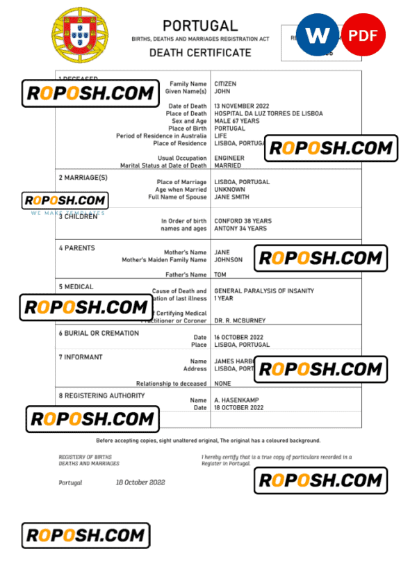 Portugal death certificate Word and PDF template, completely editable