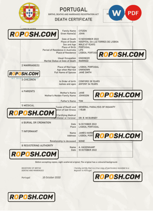 Portugal death certificate Word and PDF template, completely editable
