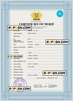 Portugal death certificate PSD template, completely editable