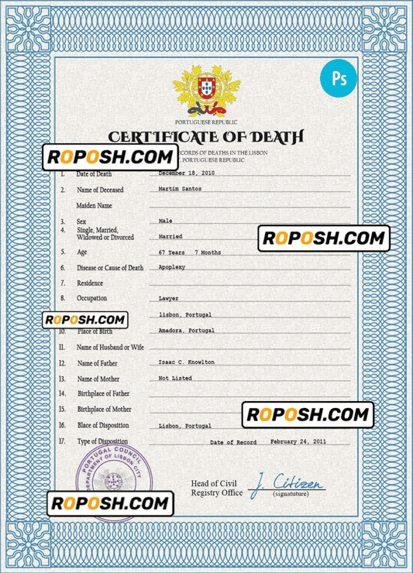 Portugal death certificate PSD template, completely editable