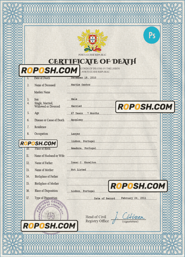 Portugal death certificate PSD template, completely editable