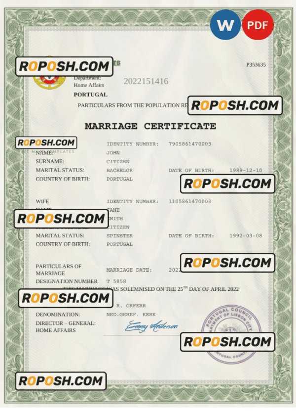 Portugal marriage certificate Word and PDF template, completely editable