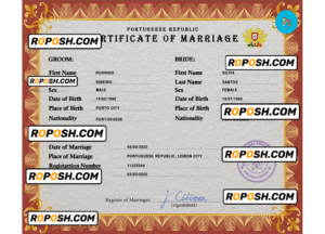 Portugal marriage certificate PSD template, fully editable