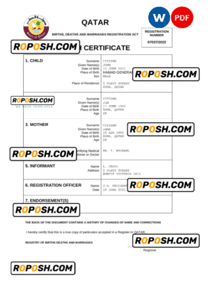 Qatar vital record birth certificate Word and PDF template, completely editable
