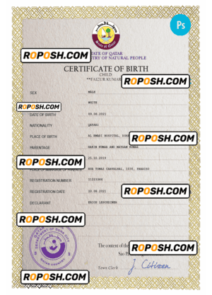Qatar birth certificate PSD template, completely editable