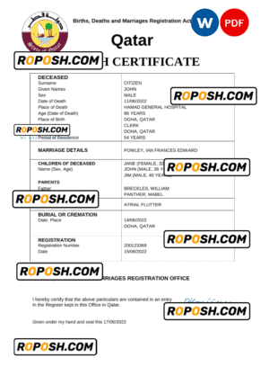 Qatar vital record death certificate Word and PDF template