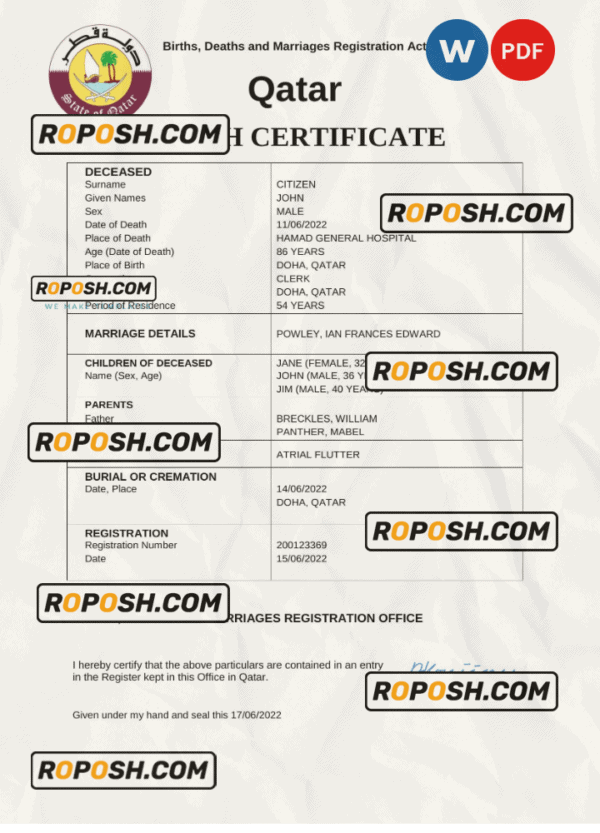 Qatar vital record death certificate Word and PDF template