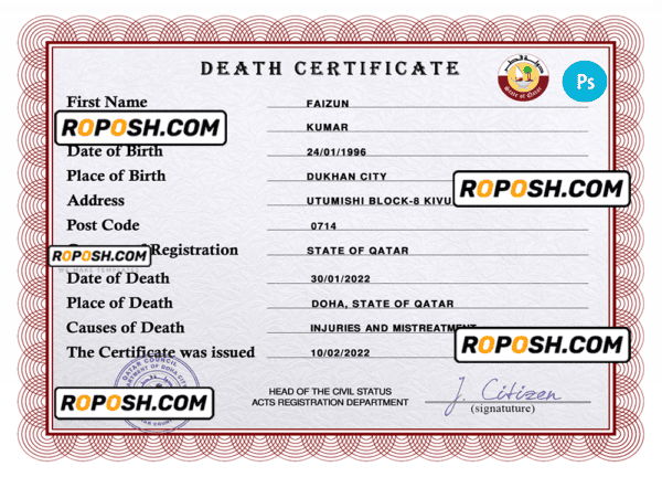 Qatar vital record death certificate PSD template