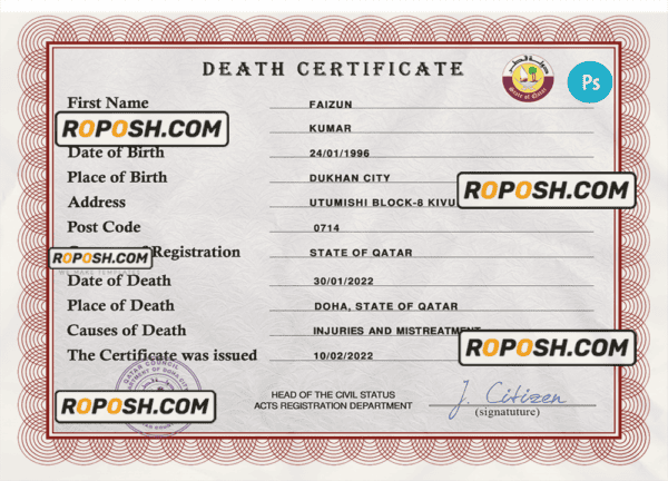 Qatar vital record death certificate PSD template