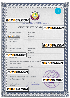 Qatar marriage certificate PSD template, completely editable