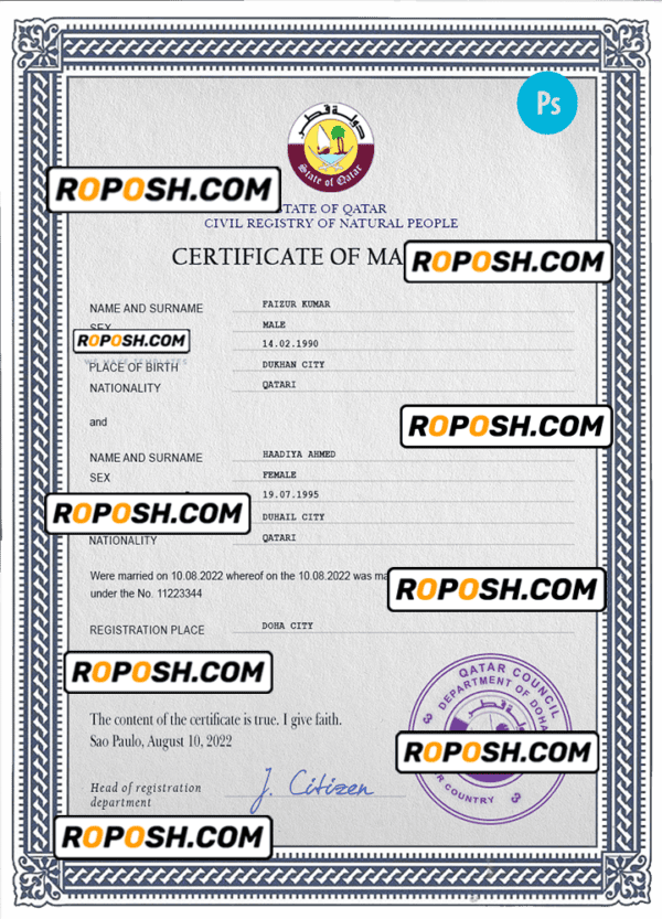 Qatar marriage certificate PSD template, completely editable