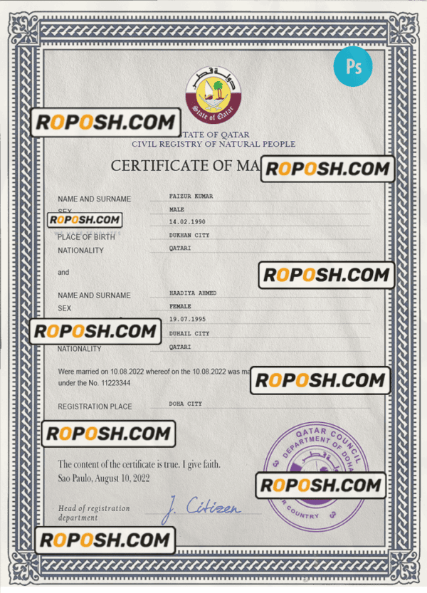 Qatar marriage certificate PSD template, completely editable